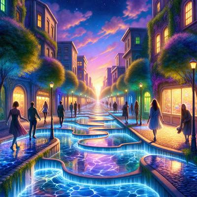 The primary subject of the image is a group of people walking down a street at night. The setting is a city street with buildings in the background. The visual style is a digital art or illustration, creating a surreal and whimsical atmosphere. The colors are predominantly blue, which adds to the nighttime ambiance. The mood of the image is one of wonder and curiosity, as the people seem to be exploring a unique and enchanting environment.